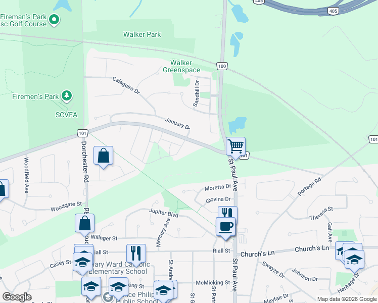 map of restaurants, bars, coffee shops, grocery stores, and more near 6398 Mountain Road in Niagara Falls
