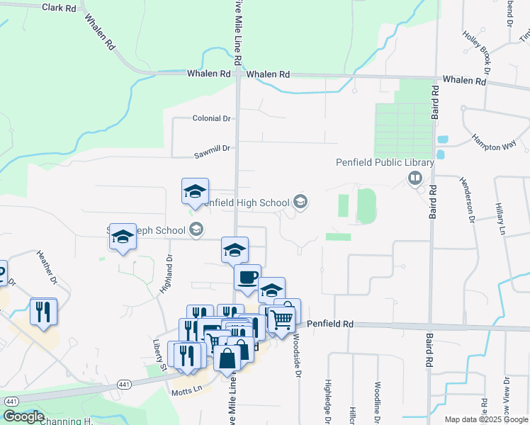 map of restaurants, bars, coffee shops, grocery stores, and more near 25 High School Drive in Penfield