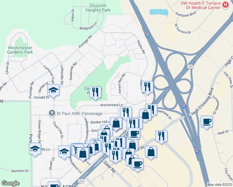 map of restaurants, bars, coffee shops, grocery stores, and more near 3217 Forest Run Court in Madison