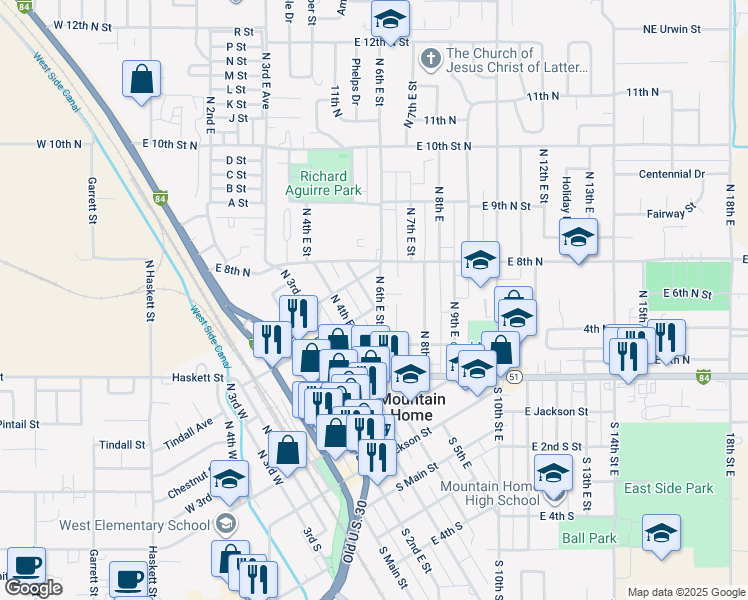 map of restaurants, bars, coffee shops, grocery stores, and more near 540 East 6th North in Mountain Home