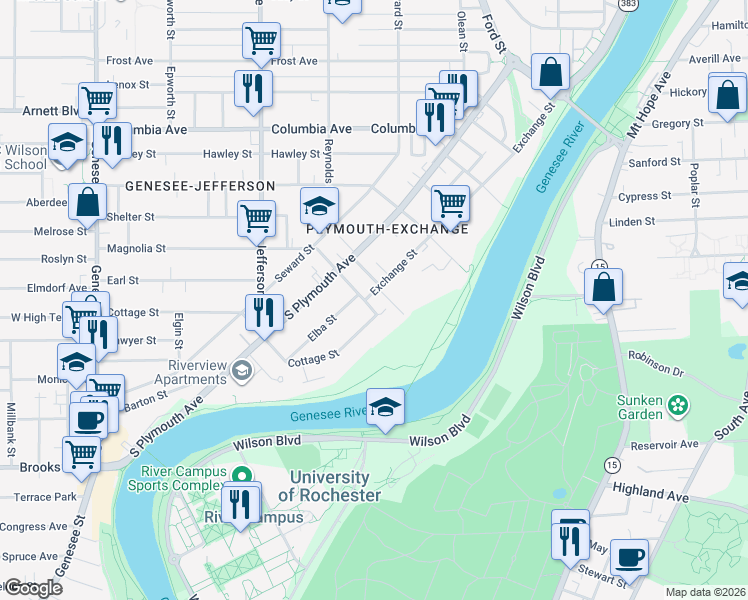 map of restaurants, bars, coffee shops, grocery stores, and more near in Rochester