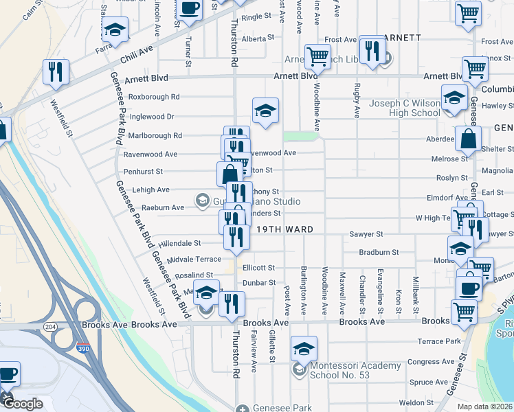 map of restaurants, bars, coffee shops, grocery stores, and more near 123 Anthony Street in Rochester