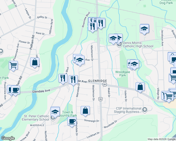 map of restaurants, bars, coffee shops, grocery stores, and more near 28 Masterson Drive in St. Catharines
