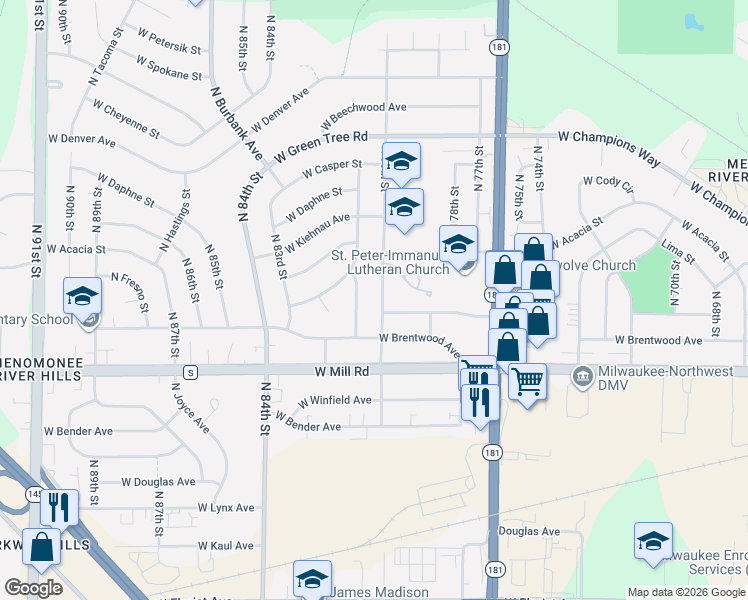 map of restaurants, bars, coffee shops, grocery stores, and more near 6547 North 80th Street in Milwaukee