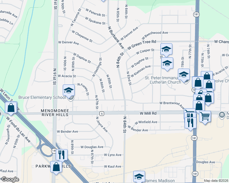 map of restaurants, bars, coffee shops, grocery stores, and more near 6538 North 85th Street in Milwaukee