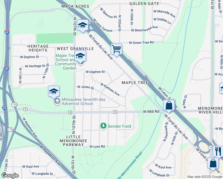 map of restaurants, bars, coffee shops, grocery stores, and more near 6546 North Bourbon Street in Milwaukee