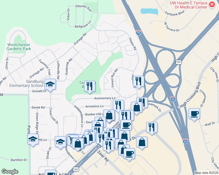 map of restaurants, bars, coffee shops, grocery stores, and more near 3217 Forest Run Court in Madison