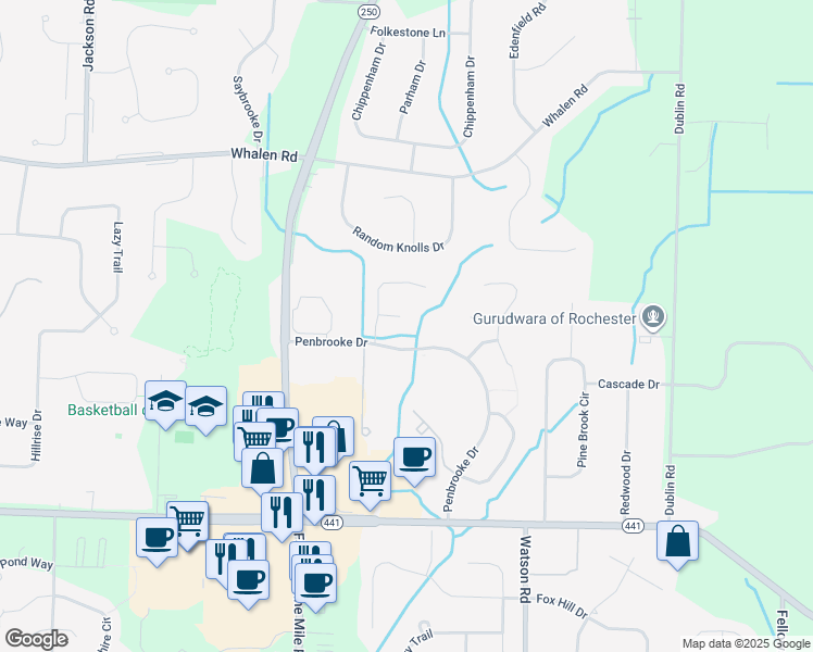 map of restaurants, bars, coffee shops, grocery stores, and more near 11 Creekside Circle in Penfield