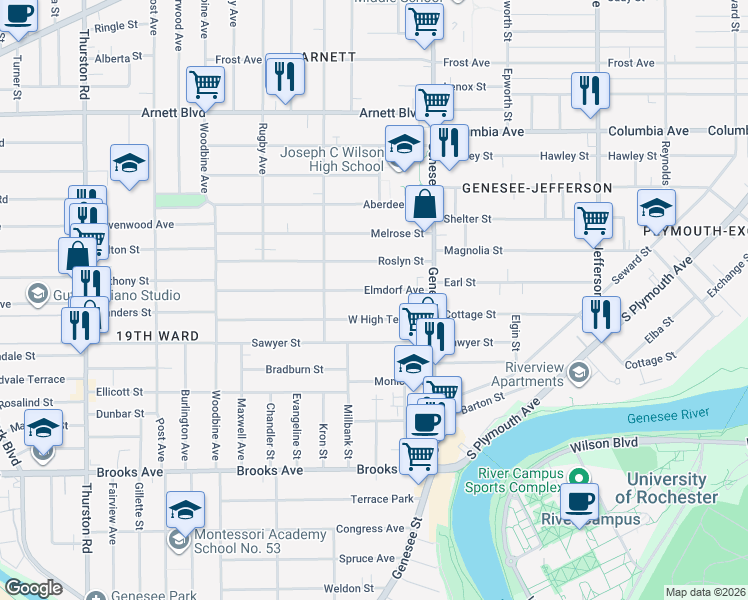 map of restaurants, bars, coffee shops, grocery stores, and more near 80 Elmdorf Avenue in Rochester