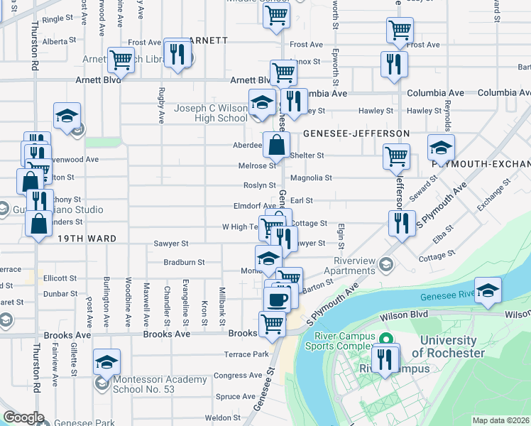 map of restaurants, bars, coffee shops, grocery stores, and more near 26 Elmdorf Avenue in Rochester