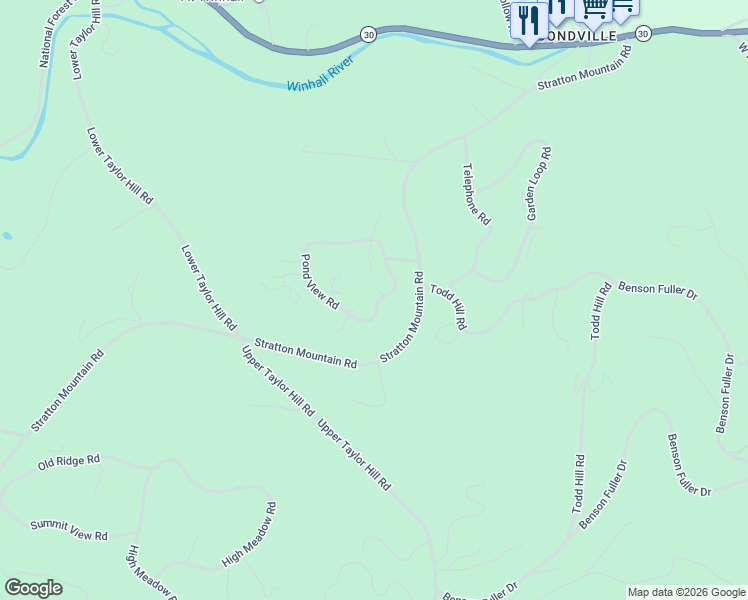 map of restaurants, bars, coffee shops, grocery stores, and more near 29 Nuthatch Road in Winhall