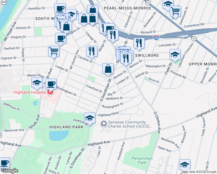 map of restaurants, bars, coffee shops, grocery stores, and more near 890 South Goodman Street in Rochester