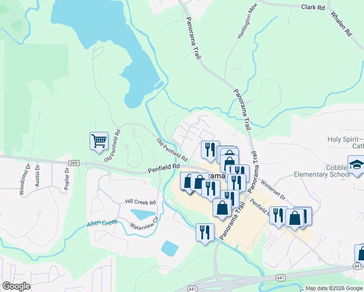 map of restaurants, bars, coffee shops, grocery stores, and more near 12 Brook Hill Lane in Rochester
