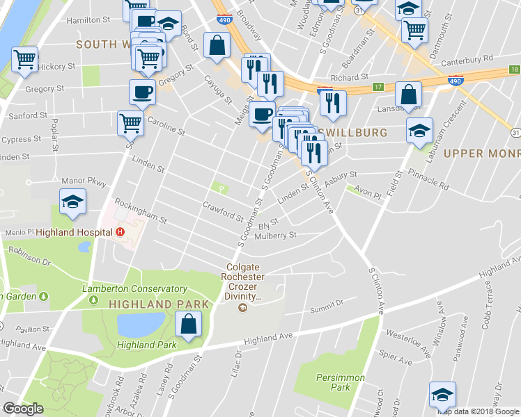 map of restaurants, bars, coffee shops, grocery stores, and more near 869 South Goodman Street in Rochester