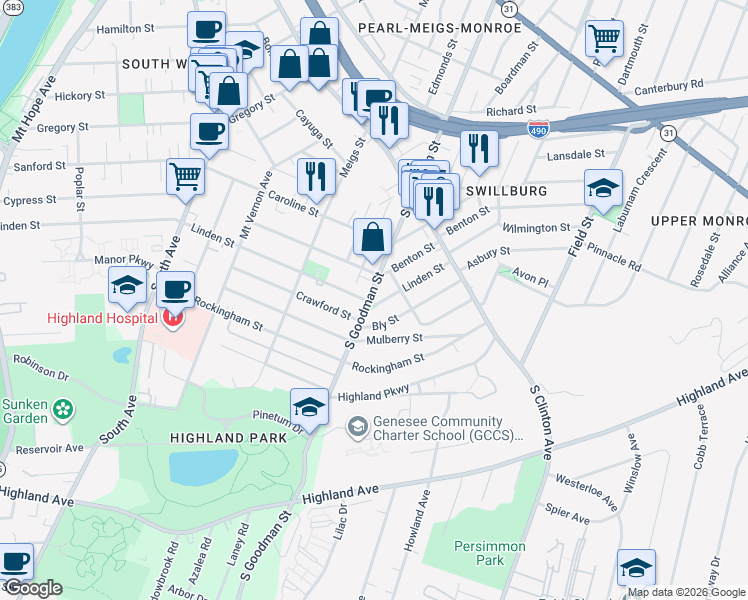 map of restaurants, bars, coffee shops, grocery stores, and more near 869 South Goodman Street in Rochester