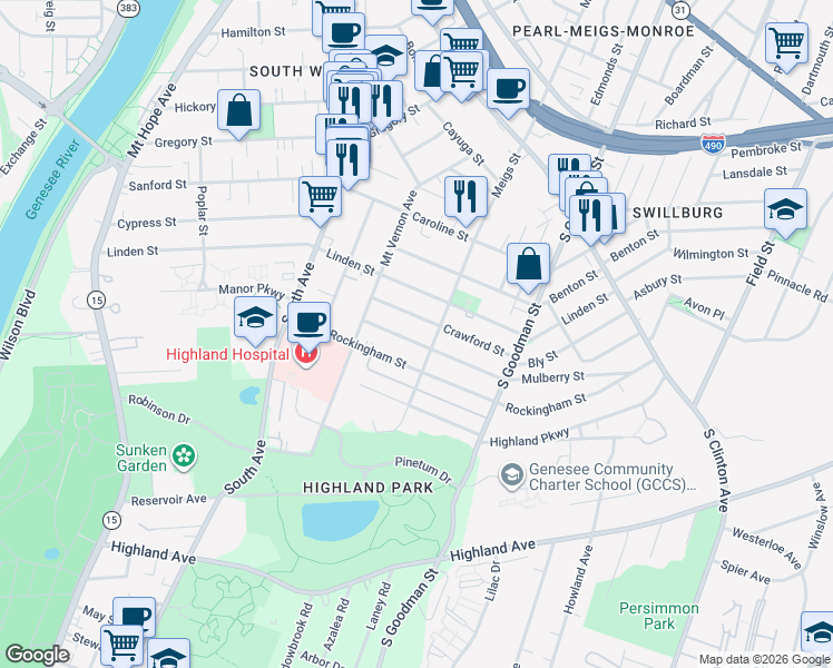map of restaurants, bars, coffee shops, grocery stores, and more near 49 Crawford Street in Rochester