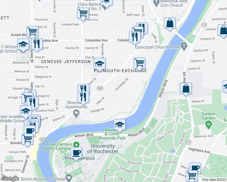 map of restaurants, bars, coffee shops, grocery stores, and more near 70 Magnolia Street in Rochester