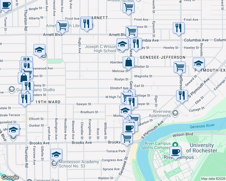 map of restaurants, bars, coffee shops, grocery stores, and more near 80 Elmdorf Avenue in Rochester