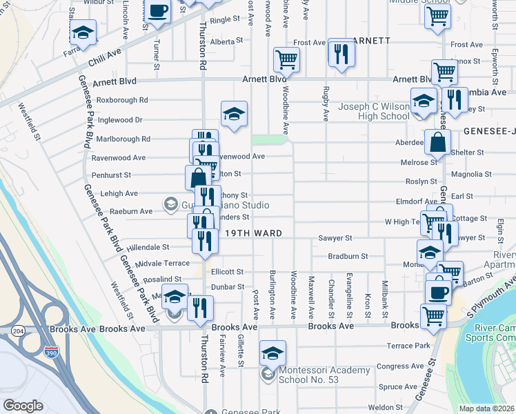 map of restaurants, bars, coffee shops, grocery stores, and more near 76 Anthony Street in Rochester