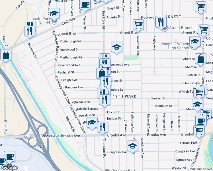 map of restaurants, bars, coffee shops, grocery stores, and more near 180 Anthony Street in Rochester