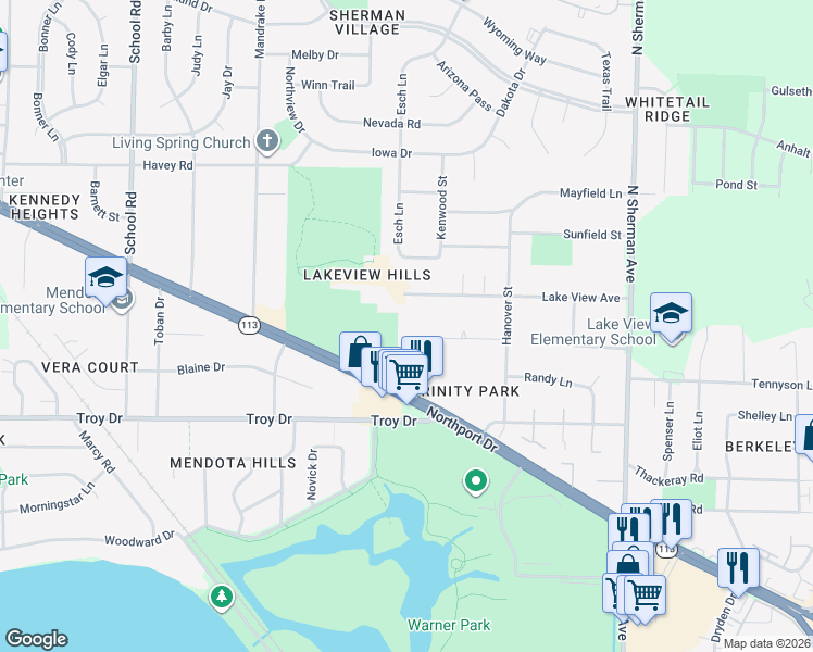 map of restaurants, bars, coffee shops, grocery stores, and more near 1417 Lake View Avenue in Madison