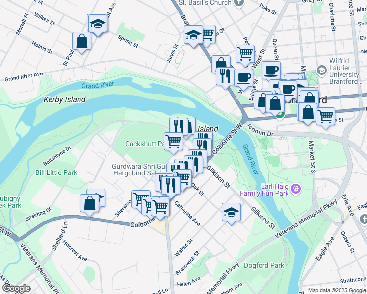 map of restaurants, bars, coffee shops, grocery stores, and more near 1 Gilkison Street in Brantford