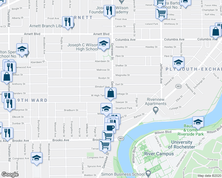 map of restaurants, bars, coffee shops, grocery stores, and more near 695 Genesee Street in Rochester