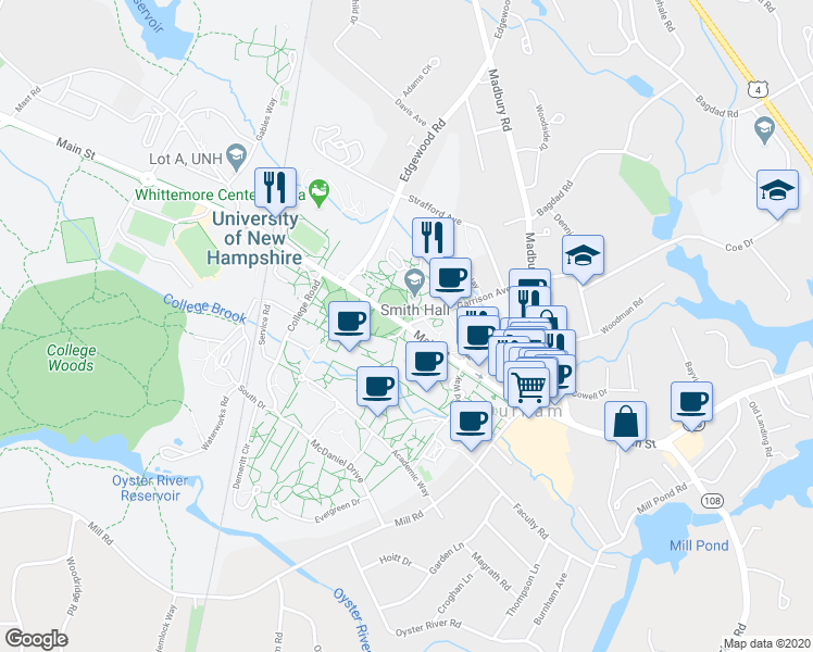 map of restaurants, bars, coffee shops, grocery stores, and more near Main St & Garrison Ave in Durham