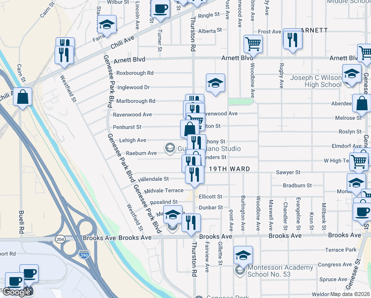 map of restaurants, bars, coffee shops, grocery stores, and more near 31 Lehigh Avenue in Rochester