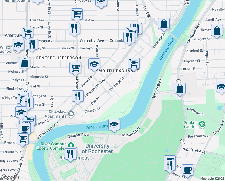map of restaurants, bars, coffee shops, grocery stores, and more near in Rochester