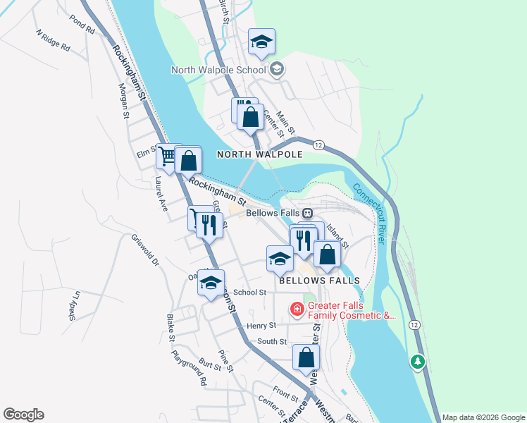 map of restaurants, bars, coffee shops, grocery stores, and more near 90 Canal Street in Town of Rockingham