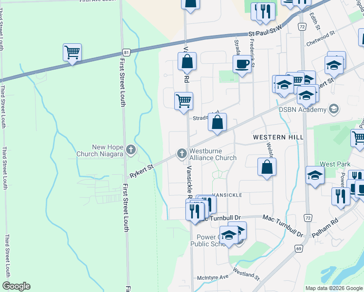 map of restaurants, bars, coffee shops, grocery stores, and more near 215 Vansickle Road in St. Catharines