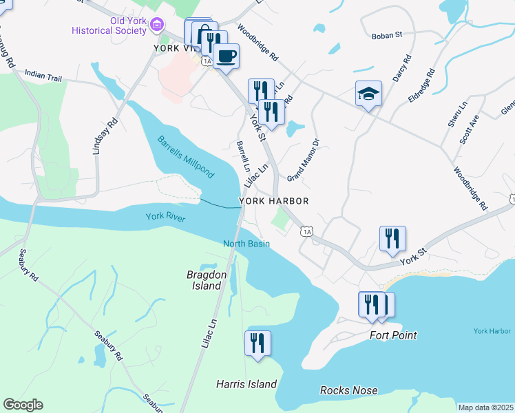 map of restaurants, bars, coffee shops, grocery stores, and more near 57 Barrell Lane in York