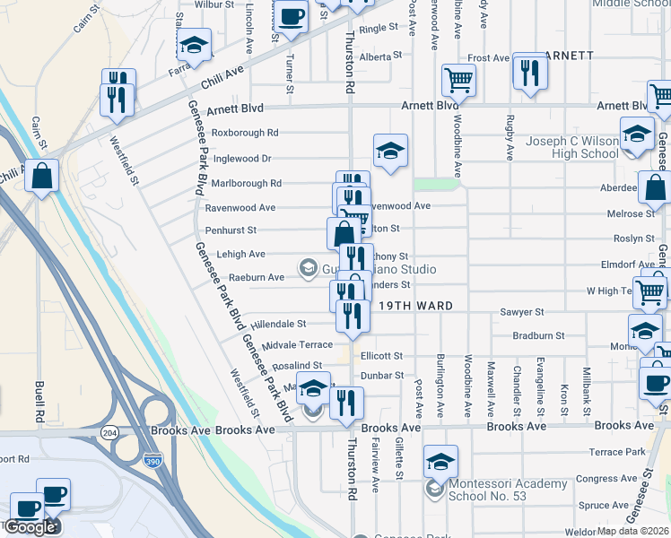map of restaurants, bars, coffee shops, grocery stores, and more near 31 Lehigh Avenue in Rochester