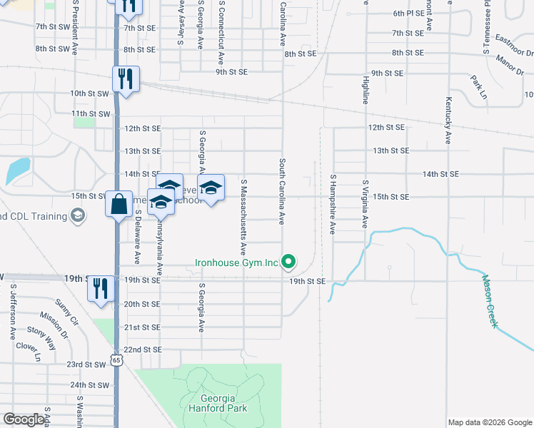 map of restaurants, bars, coffee shops, grocery stores, and more near 531 15th Street Southeast in Mason City