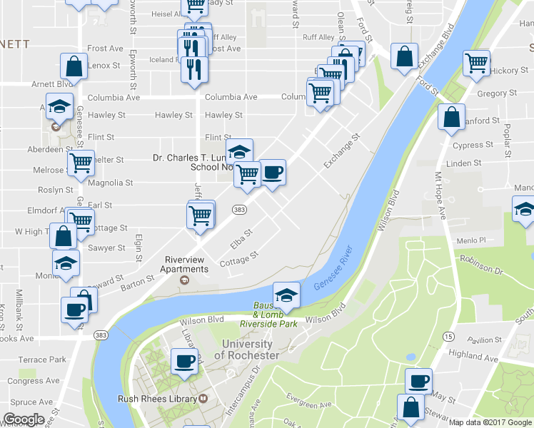 map of restaurants, bars, coffee shops, grocery stores, and more near 46 Magnolia Street in Rochester