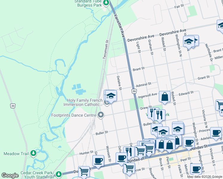 map of restaurants, bars, coffee shops, grocery stores, and more near 283 Admiral Street in Woodstock
