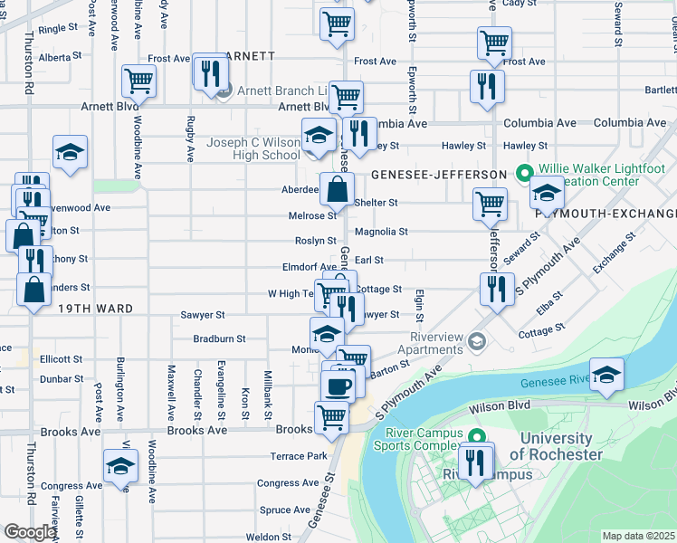 map of restaurants, bars, coffee shops, grocery stores, and more near 5 Elmdorf Avenue in Rochester