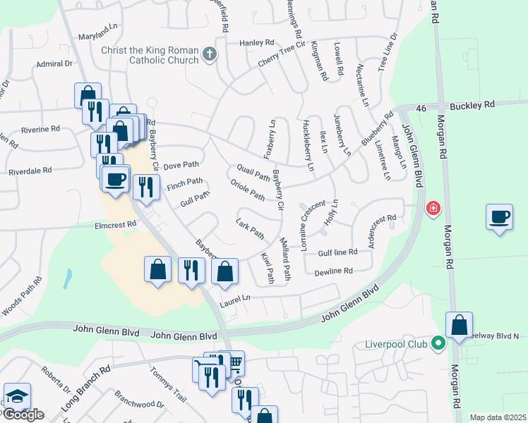 map of restaurants, bars, coffee shops, grocery stores, and more near 9 Oriole Path in Liverpool