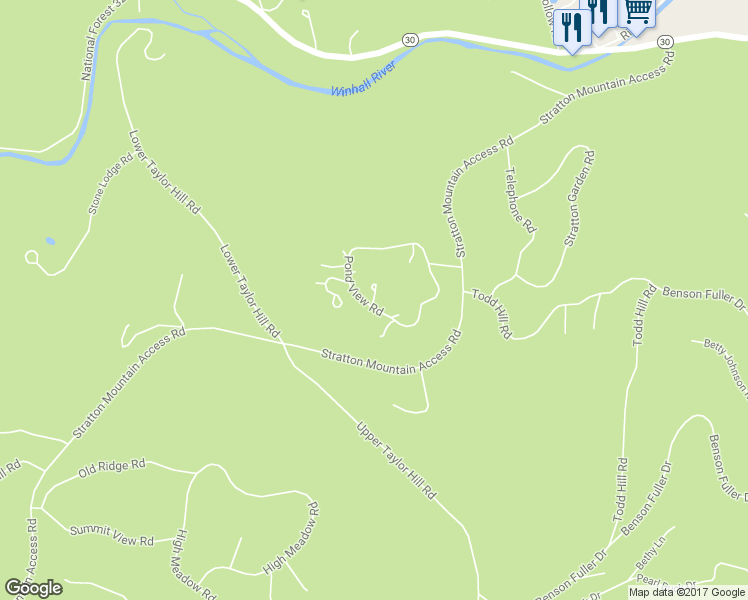 map of restaurants, bars, coffee shops, grocery stores, and more near 29 Nuthatch Road in Winhall