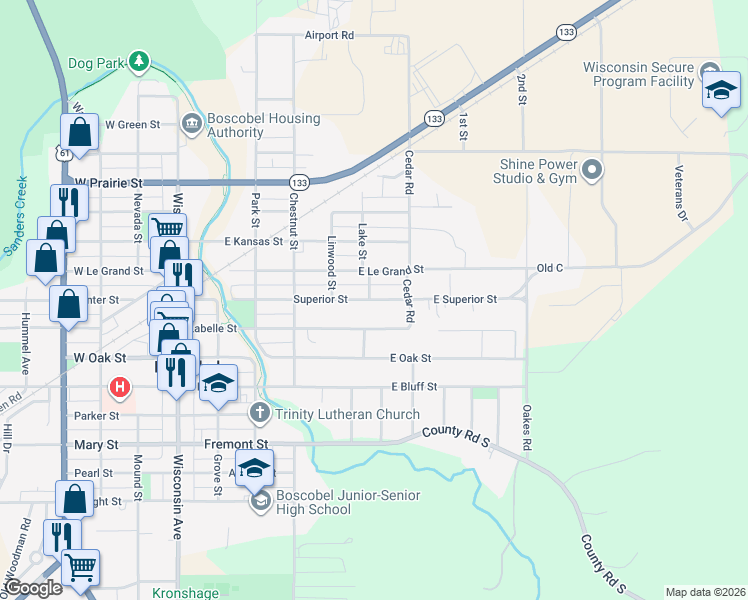 map of restaurants, bars, coffee shops, grocery stores, and more near 603 Superior Street in Boscobel