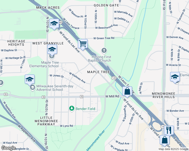 map of restaurants, bars, coffee shops, grocery stores, and more near 6520 North Beale Street in Milwaukee