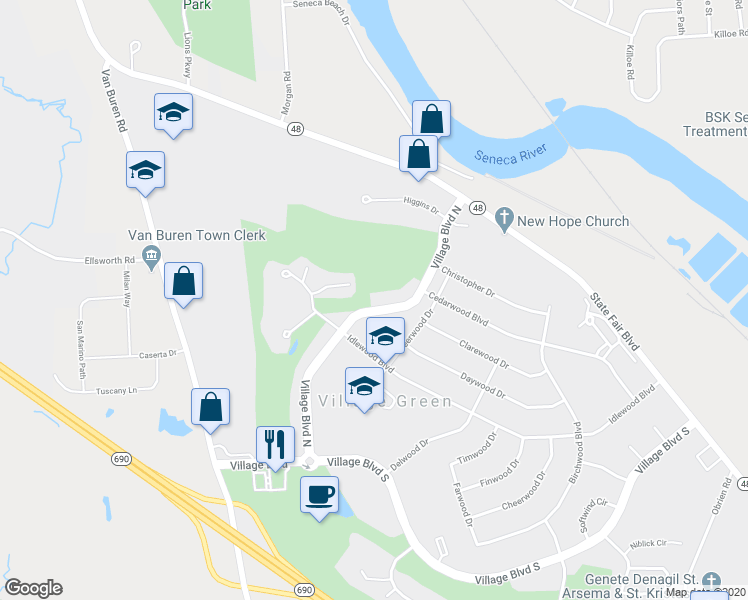 map of restaurants, bars, coffee shops, grocery stores, and more near 626 Village Boulevard North in Baldwinsville