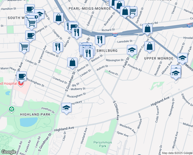 map of restaurants, bars, coffee shops, grocery stores, and more near 1117 South Clinton Avenue in Rochester
