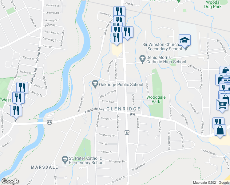map of restaurants, bars, coffee shops, grocery stores, and more near 32 Masterson Drive in Saint Catharines