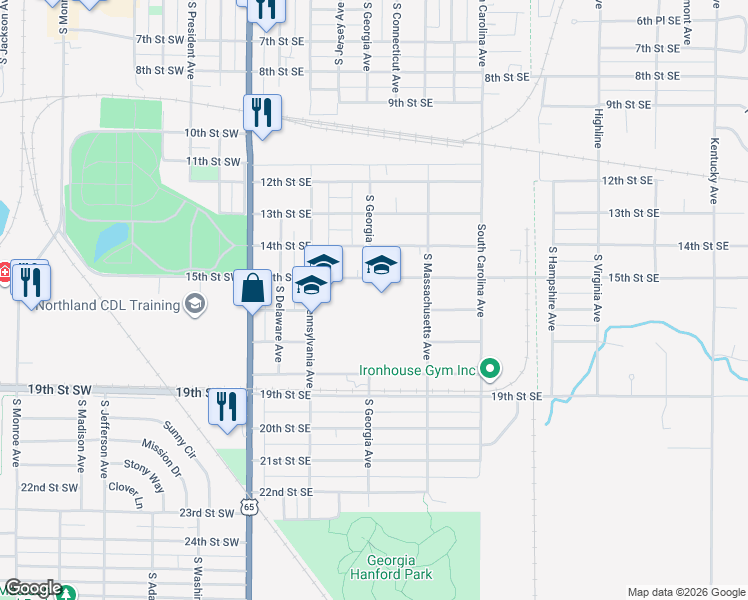 map of restaurants, bars, coffee shops, grocery stores, and more near 313 15th Street Southeast in Mason City