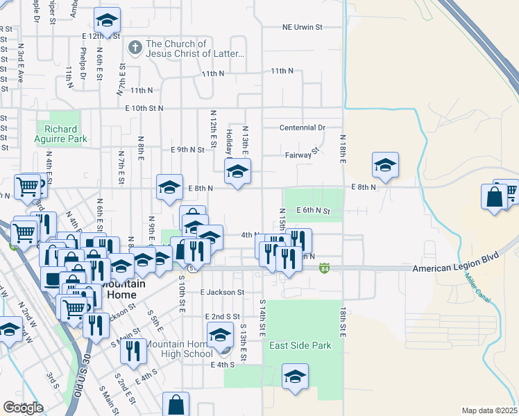 map of restaurants, bars, coffee shops, grocery stores, and more near 1385 East 8th North in Mountain Home
