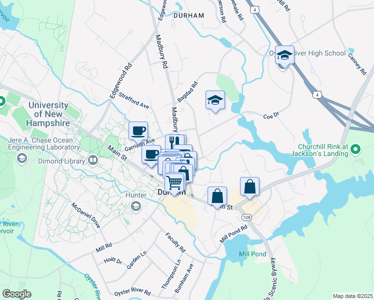 map of restaurants, bars, coffee shops, grocery stores, and more near 55 Dennison Road in Durham