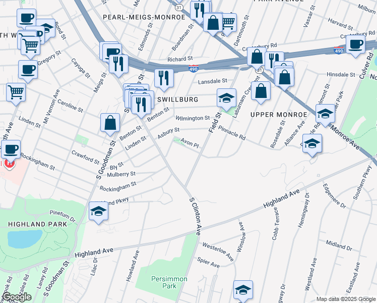 map of restaurants, bars, coffee shops, grocery stores, and more near 24 Avon Place in Rochester