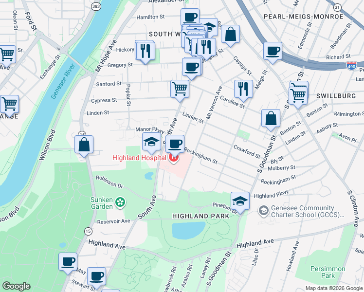 map of restaurants, bars, coffee shops, grocery stores, and more near 164 Oakland Street in Rochester
